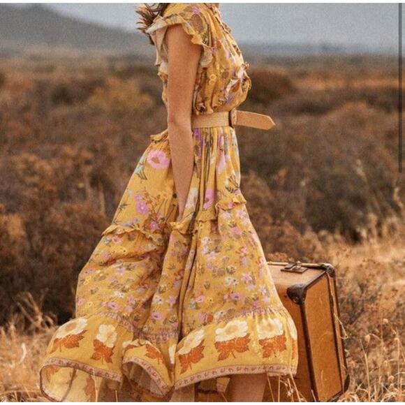 Spell & The Gypsy Wild Bloom Short Sleeve Dress Long Maxi Golden X Small - Picture 2 of 9